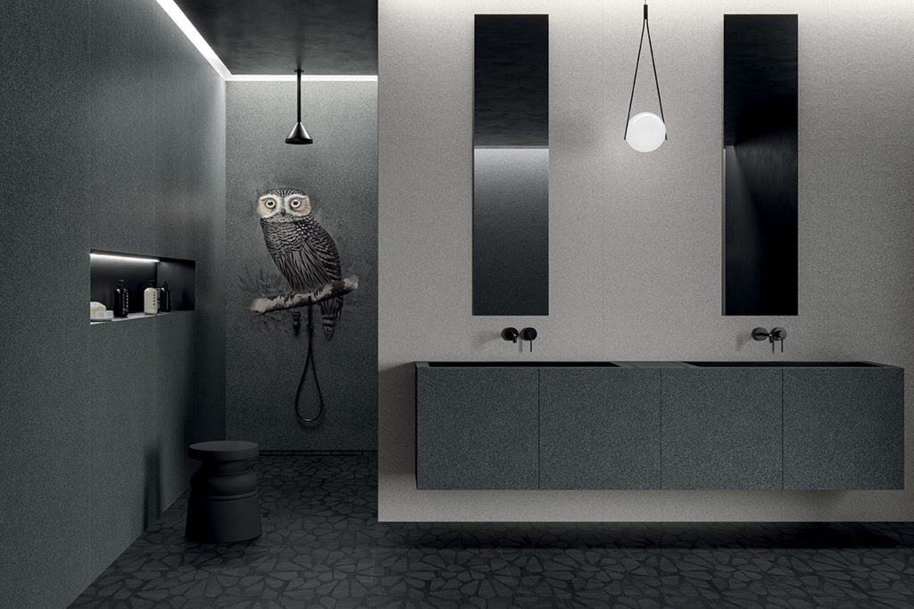Tile collection from ABK Moo - grey stone effect with owl design mosaic