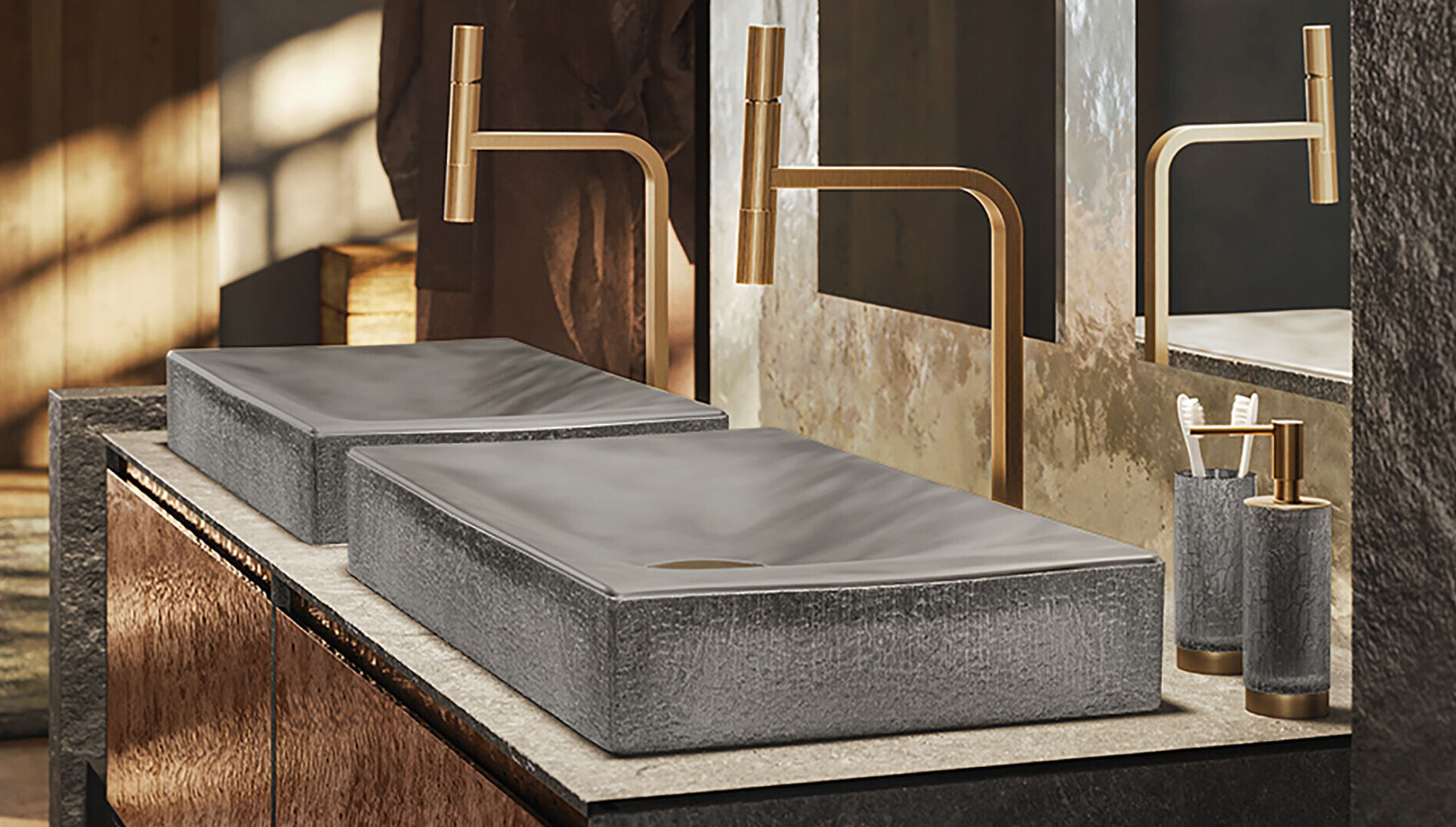 luxury brassware collection Incastri from Gessi in gold over bespoke basin