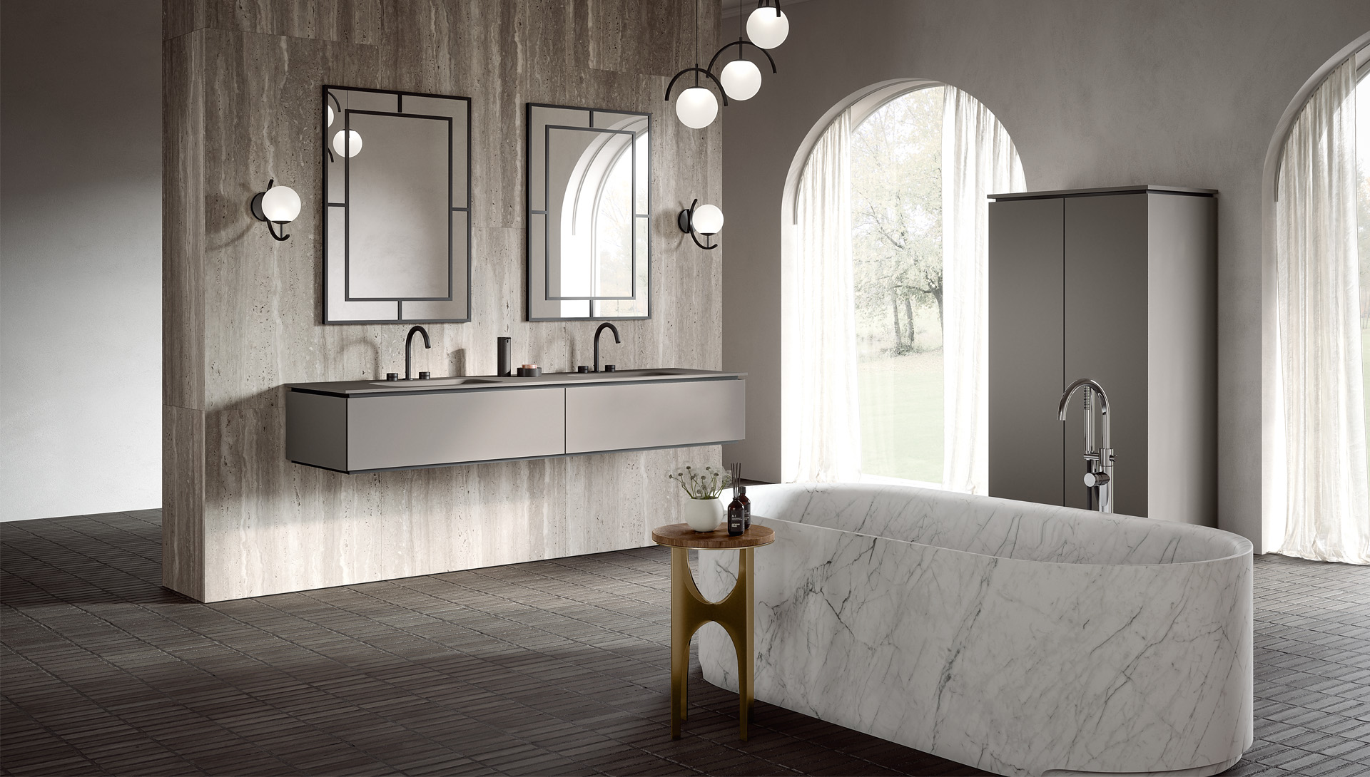 Luxury bathroom showing oasis italy naos smooth collection with furniture and freestanding bath