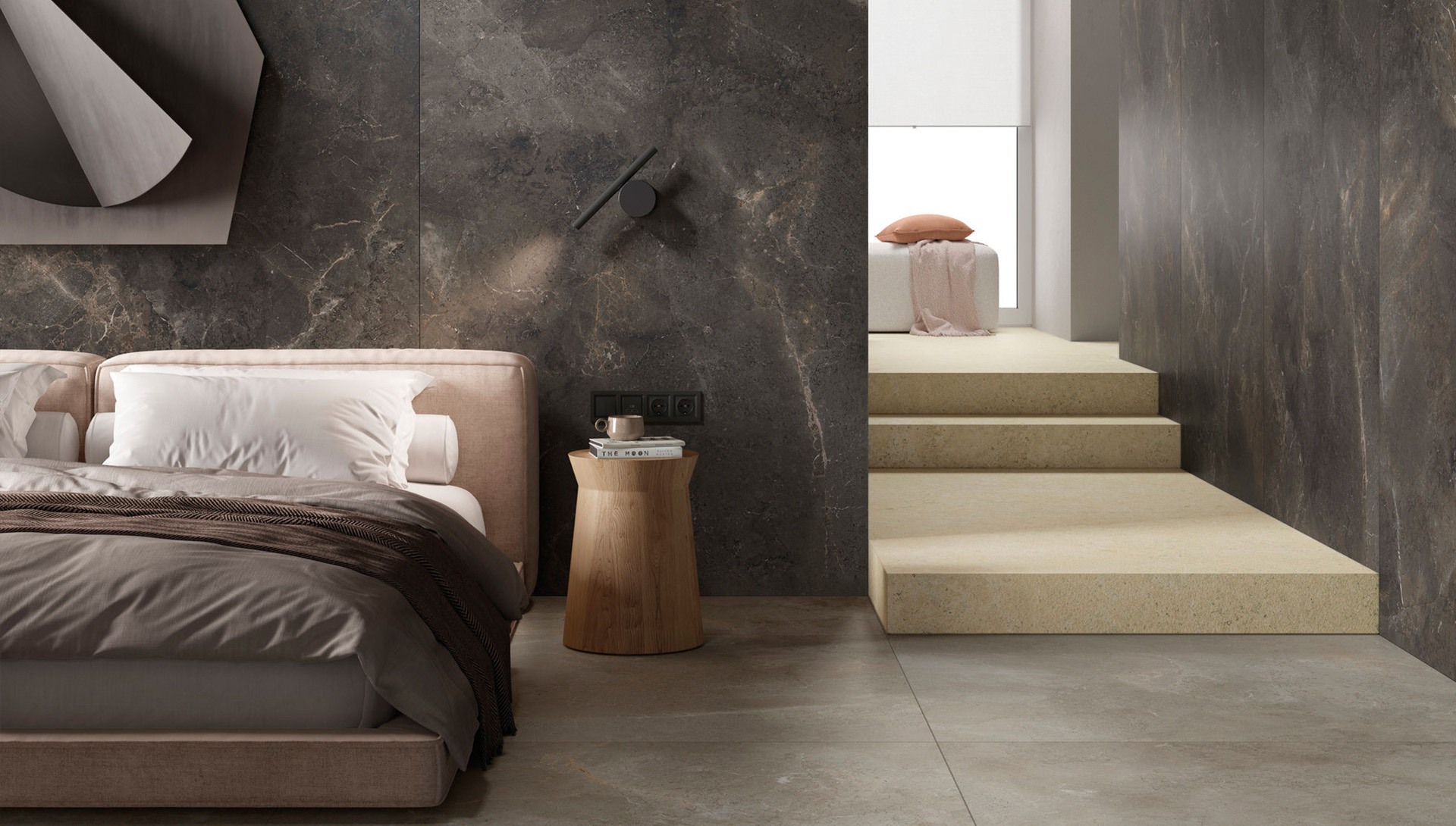 Art stone tile collection in bedroom using stone effect and neutral tones