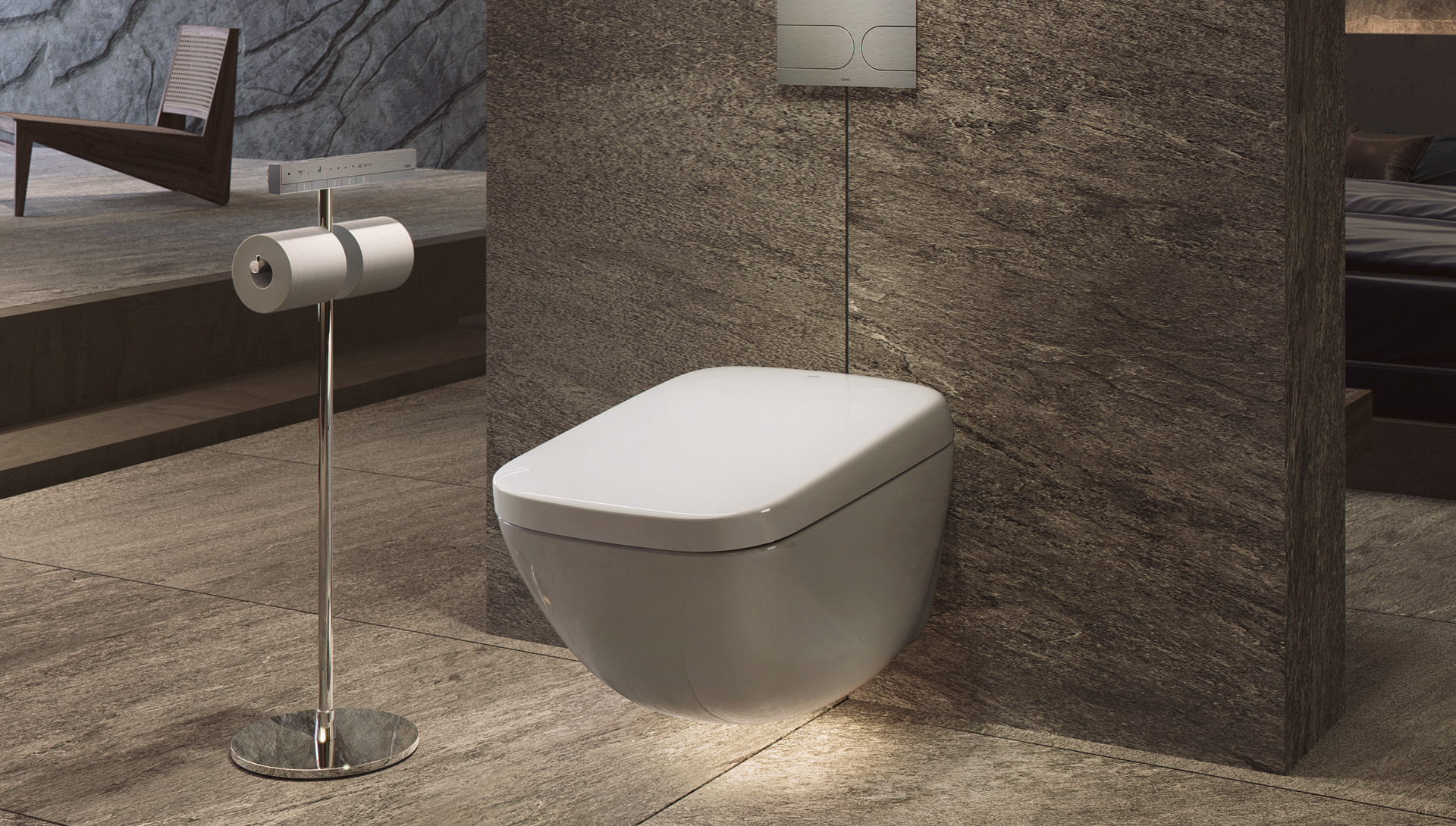 Wall hung washlet fron Toto - Neo collection in white with warm mood lighting